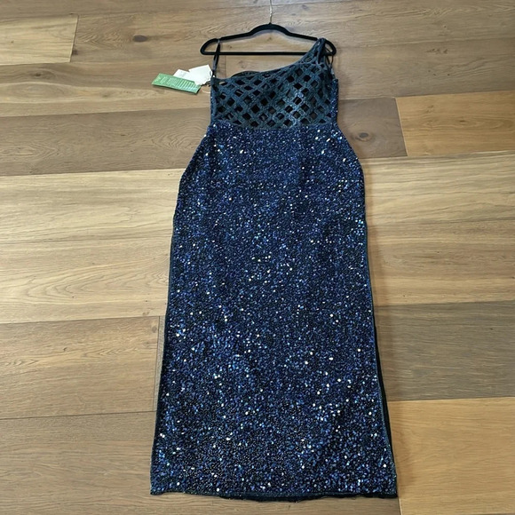 SCALA Vintage 100% Silk GORGEOUS Navy One Shoulder Beaded & Sequin Gown Size XL - Picture 10 of 13